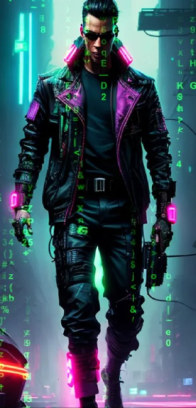 Cyberpunk character in neon-lit futuristic cityscape wallpaper.