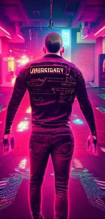 A man in a neon-lit futuristic street setting.