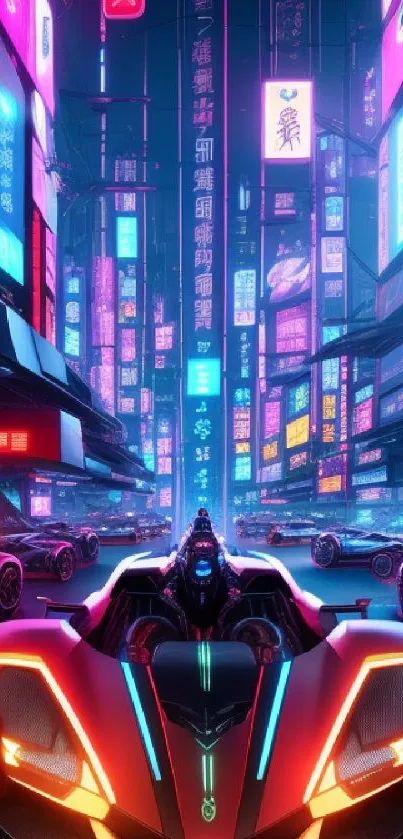 Futuristic cars racing under neon lights in a vibrant cityscape.