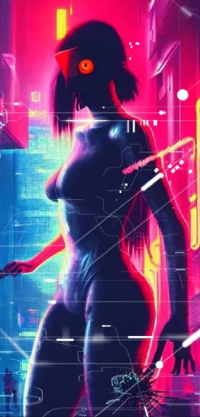 Futuristic neon-lit street scene with a mysterious silhouette figure.