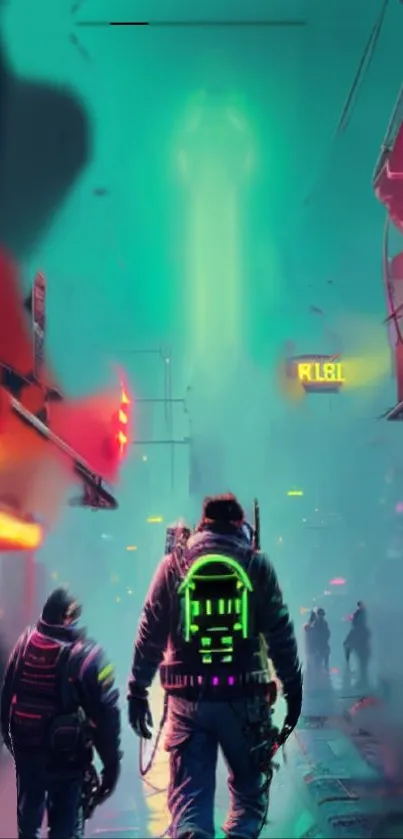 Futuristic neon street scene with explorers in a cyberpunk cityscape.