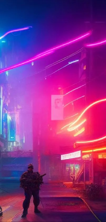 Futuristic neon-lit street with a soldier silhouette under vibrant urban lights.