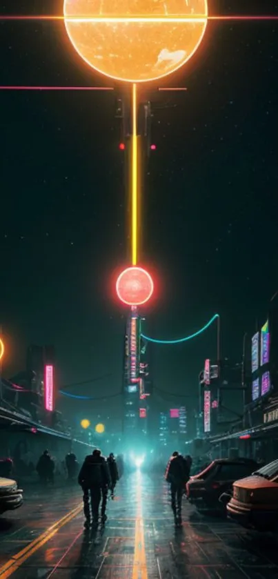 Futuristic street with neon lights and cyberpunk vibe.