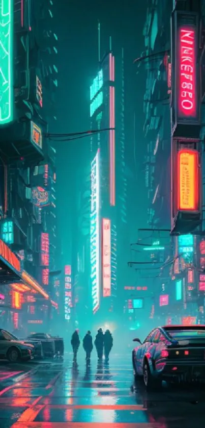 Futuristic city street with neon lights and misty urban vibe.