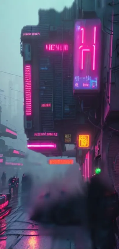 Cyberpunk cityscape with neon lights and futuristic urban setting.