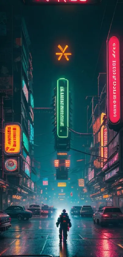 Futuristic neon-lit city street with motorcycle and glowing signs.