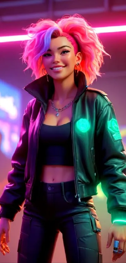 Futuristic neon style wallpaper with vibrant character and pink hair.