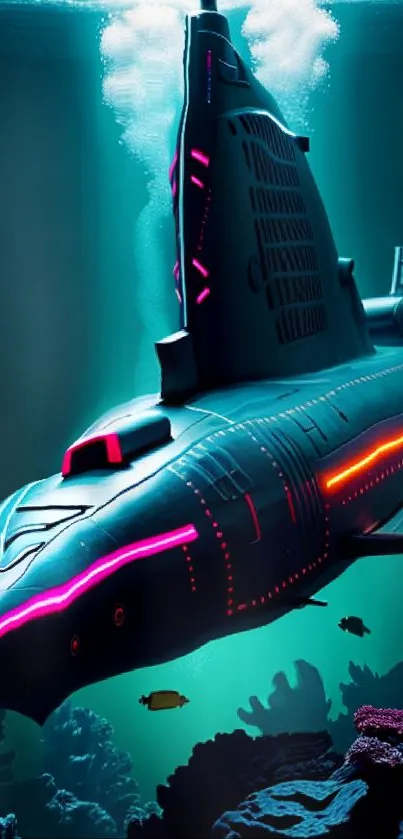 Futuristic neon submarine in deep sea.