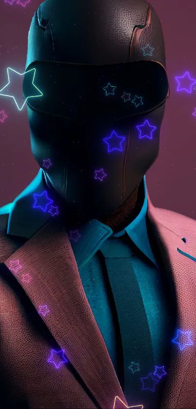 Futuristic figure in neon suit with glowing star background.