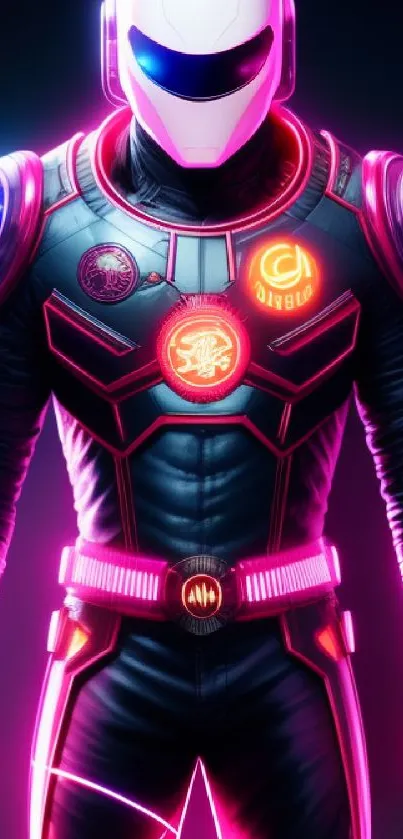 Futuristic neon-suited character with vibrant colors.