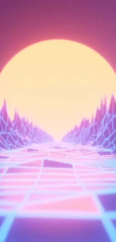 Futuristic neon landscape with glowing sun in abstract style.