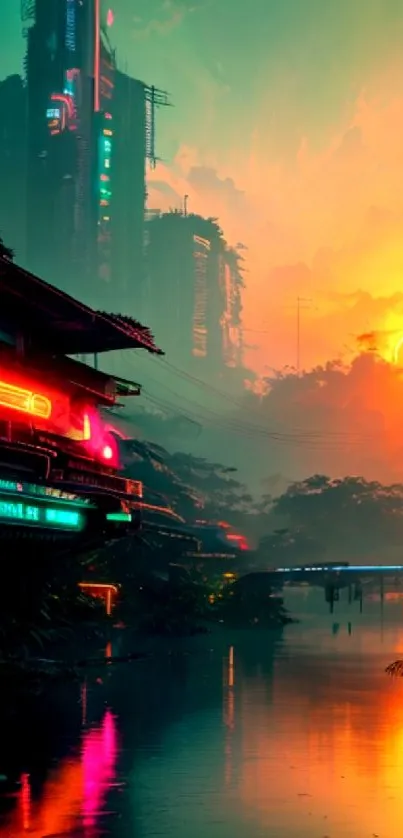 Futuristic city with neon lights reflecting on a river at sunset.