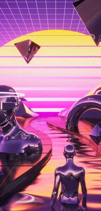 Futuristic neon sunset with metallic figures.