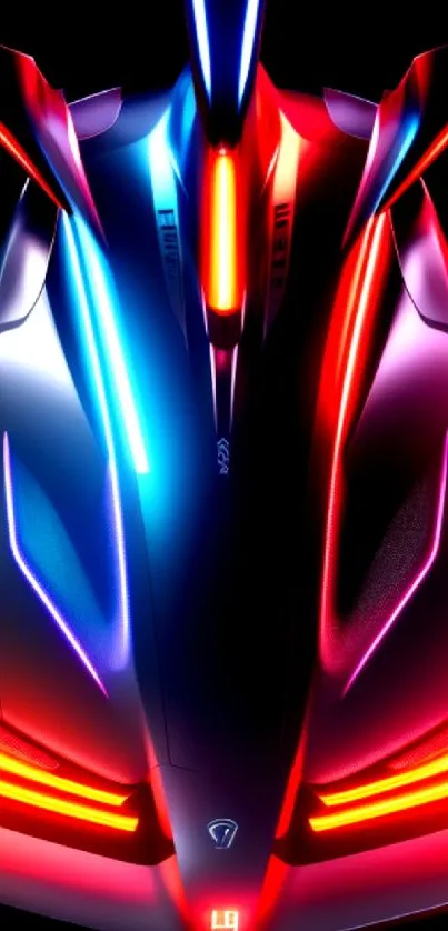 Futuristic supercar with neon red and blue lights, sleek design.