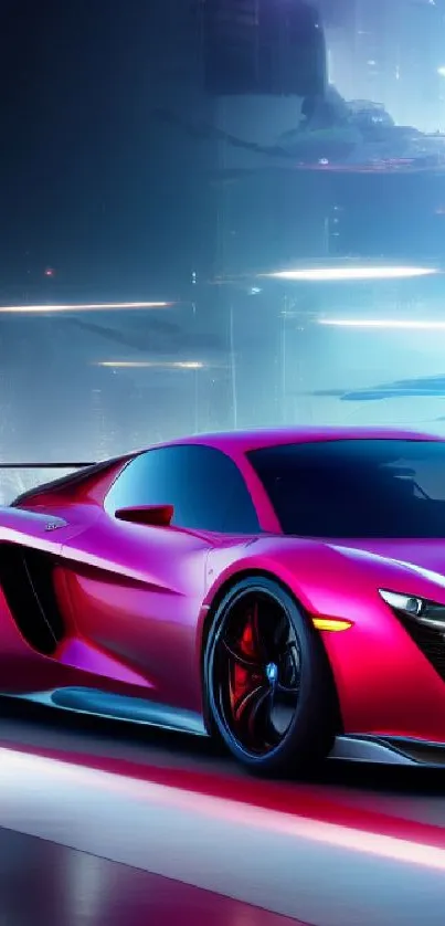 Stunning futuristic supercar in neon cityscape wallpaper.