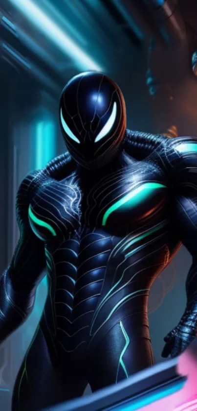 Futuristic superhero with neon highlights in a dark room.