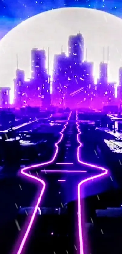 Futuristic neon cityscape with synthwave design, featuring a purple skyline.