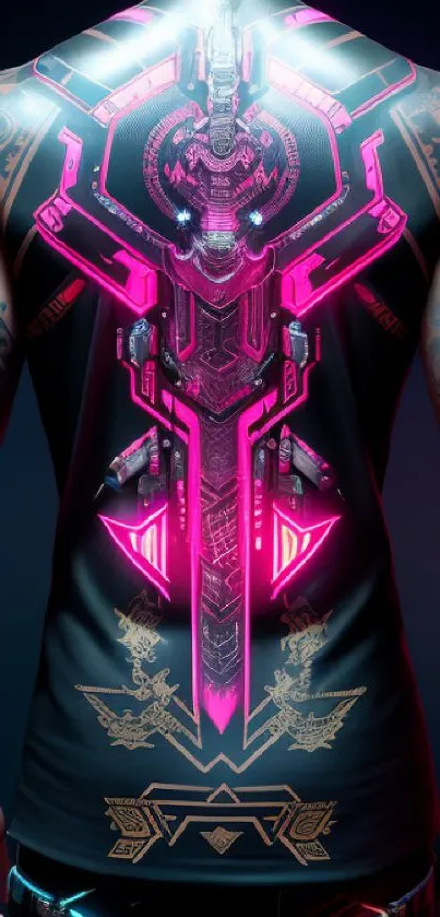 Futuristic neon tattoo design with glowing pink patterns on a dark background.