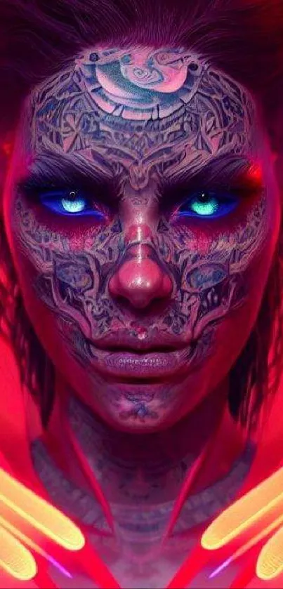 Futuristic neon face with blue eyes and intricate tattoos.