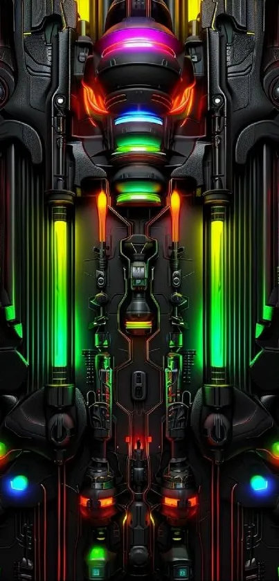 Futuristic neon tech wallpaper with vibrant colors and digital patterns.