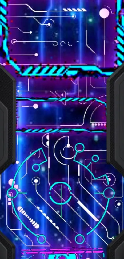 Futuristic neon circuit design with blue and purple hues.