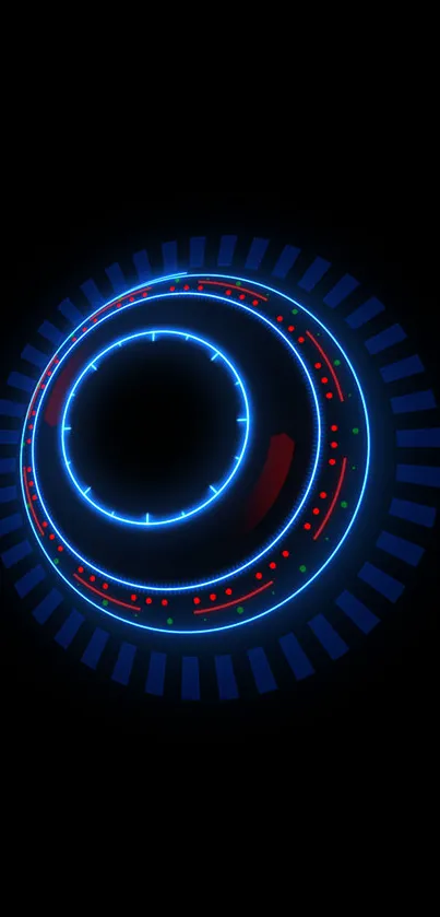 Futuristic neon tech circle wallpaper with blue and red accents on dark background.