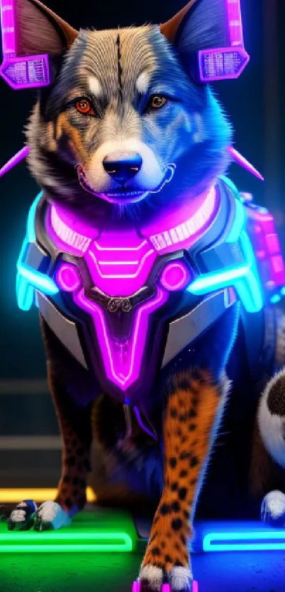 Futuristic neon-lit dog in tech gear on a dark background.