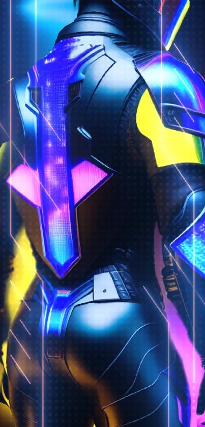 Futuristic neon tech suit wallpaper with vibrant blue and purple highlights.