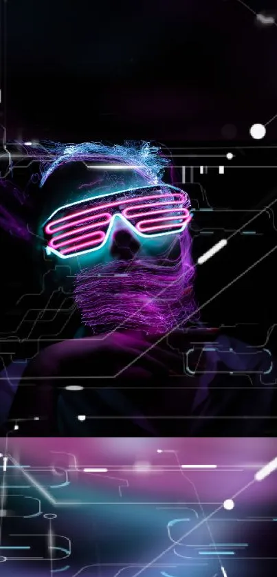 Futuristic neon-themed mobile wallpaper featuring vibrant purple and blue hues.