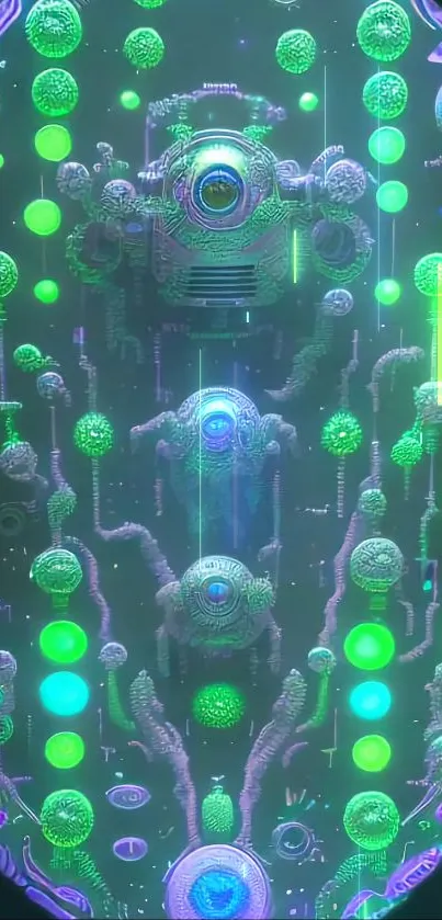 Futuristic neon tech wallpaper with green glowing circuitry design.