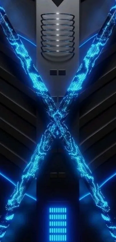 Futuristic neon tech wallpaper with blue lights.