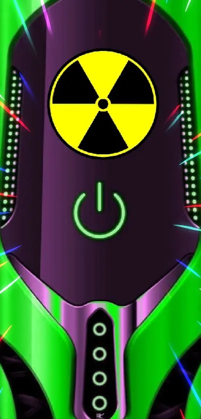 Neon green futuristic wallpaper with a radioactive symbol and power button on a tech design.