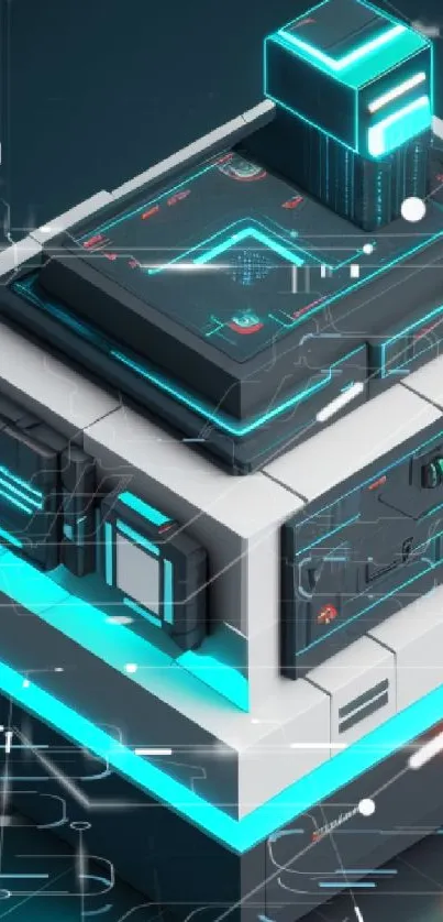 Futuristic digital cube with neon cyan highlights in cyberpunk style.