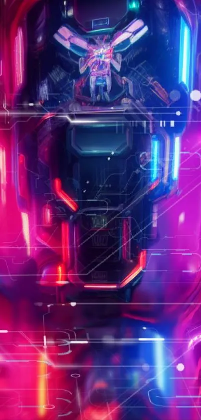 Dazzling futuristic neon tech wallpaper with glowing pink and blue hues.