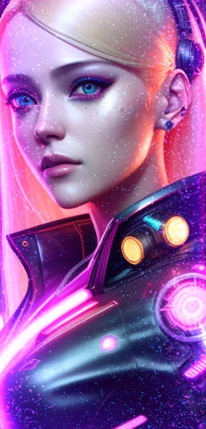 Futuristic cyber character with neon glow and vibrant pink highlights.