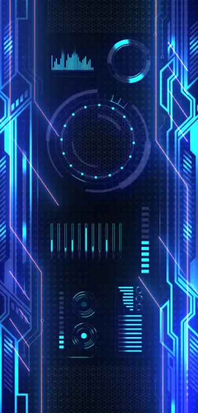 Vibrant blue neon technology wallpaper with circuit design.