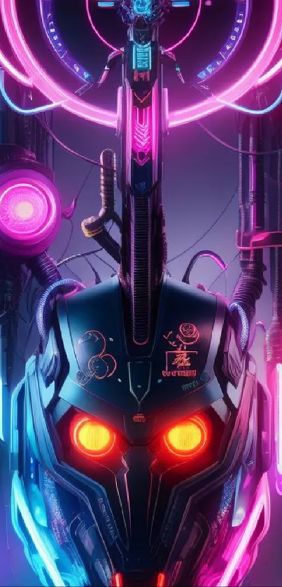 Futuristic neon cyborg design wallpaper with vibrant colors.