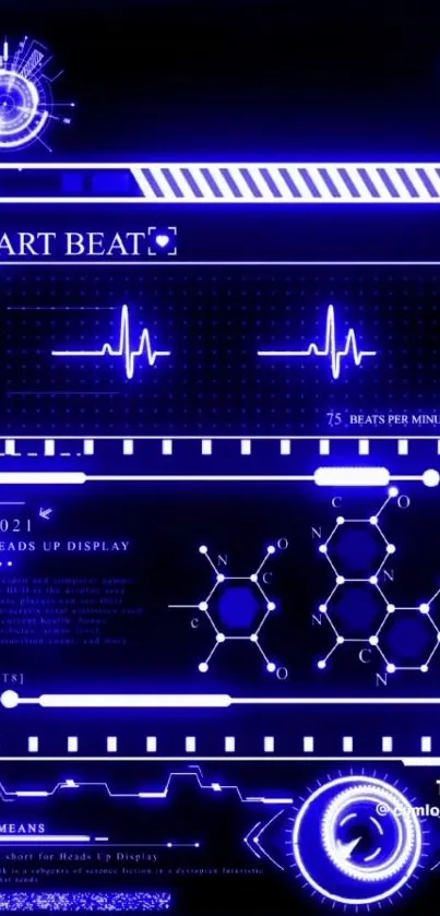 Futuristic neon blue tech wallpaper with heartbeat graphics and molecular designs.