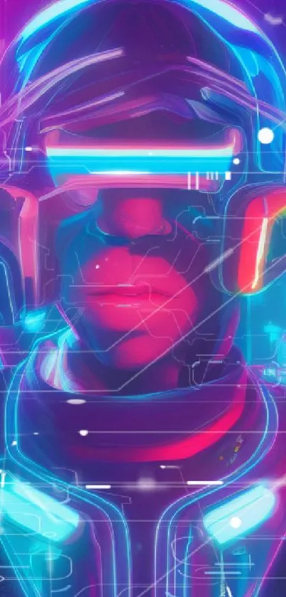 Futuristic cyber warrior with neon lights in a digital cityscape.