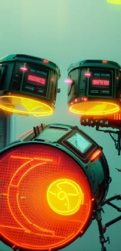 Futuristic neon robot drums with vibrant colors on tech-inspired wallpaper.