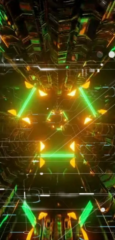 Futuristic neon tech design with green and orange lights.