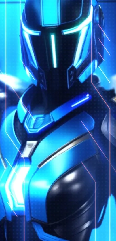 Futuristic neon tech warrior in blue armor with vibrant digital elements.