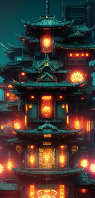 Futuristic neon temple with glowing lights and intricate details on a tall structure.