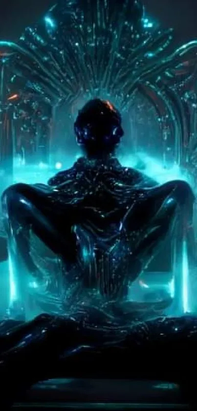 Silhouette sitting on an illuminated, futuristic neon throne.