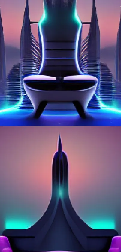 Futuristic neon throne with vibrant colors.