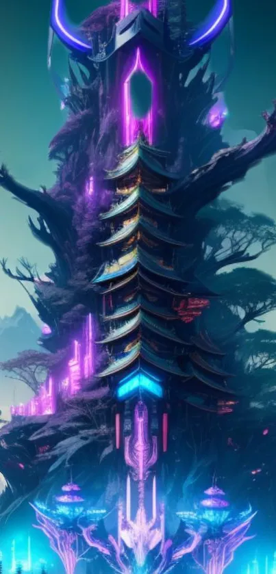 Futuristic neon tower in purple hues with fantasy elements.