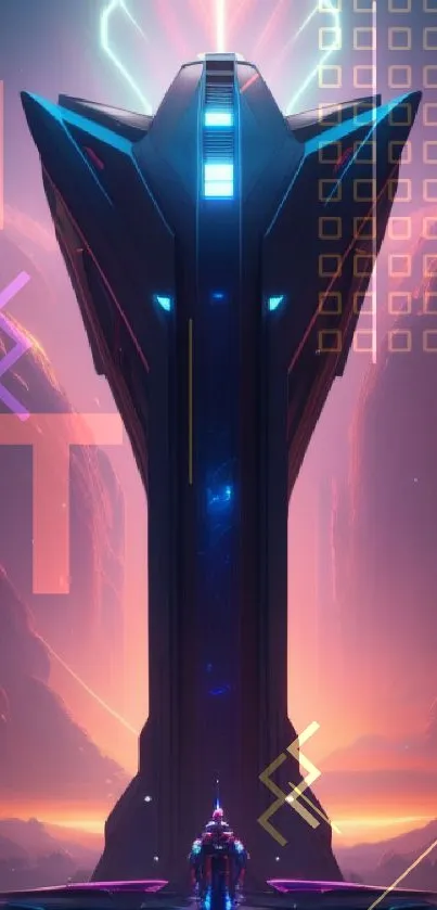 Futuristic neon tower with vibrant hues and sci-fi elements, ideal for mobile screens.