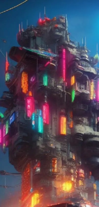 Futuristic tower with neon lights under a full moon, perfect mobile wallpaper.