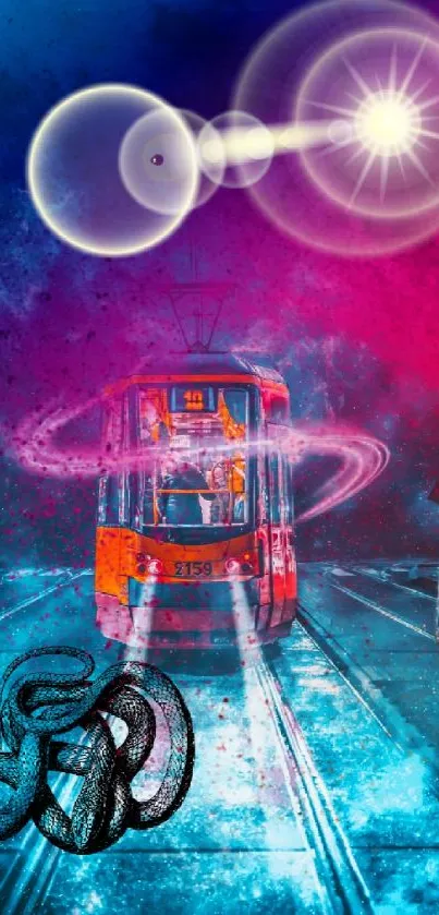 Futuristic neon tram in vibrant blue and pink hues with cosmic background.