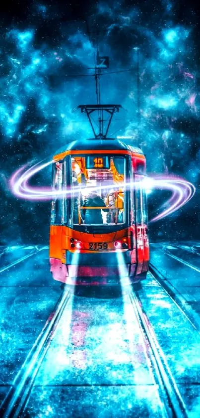 A neon-lit tram travels through a cosmic, futuristic night scene.